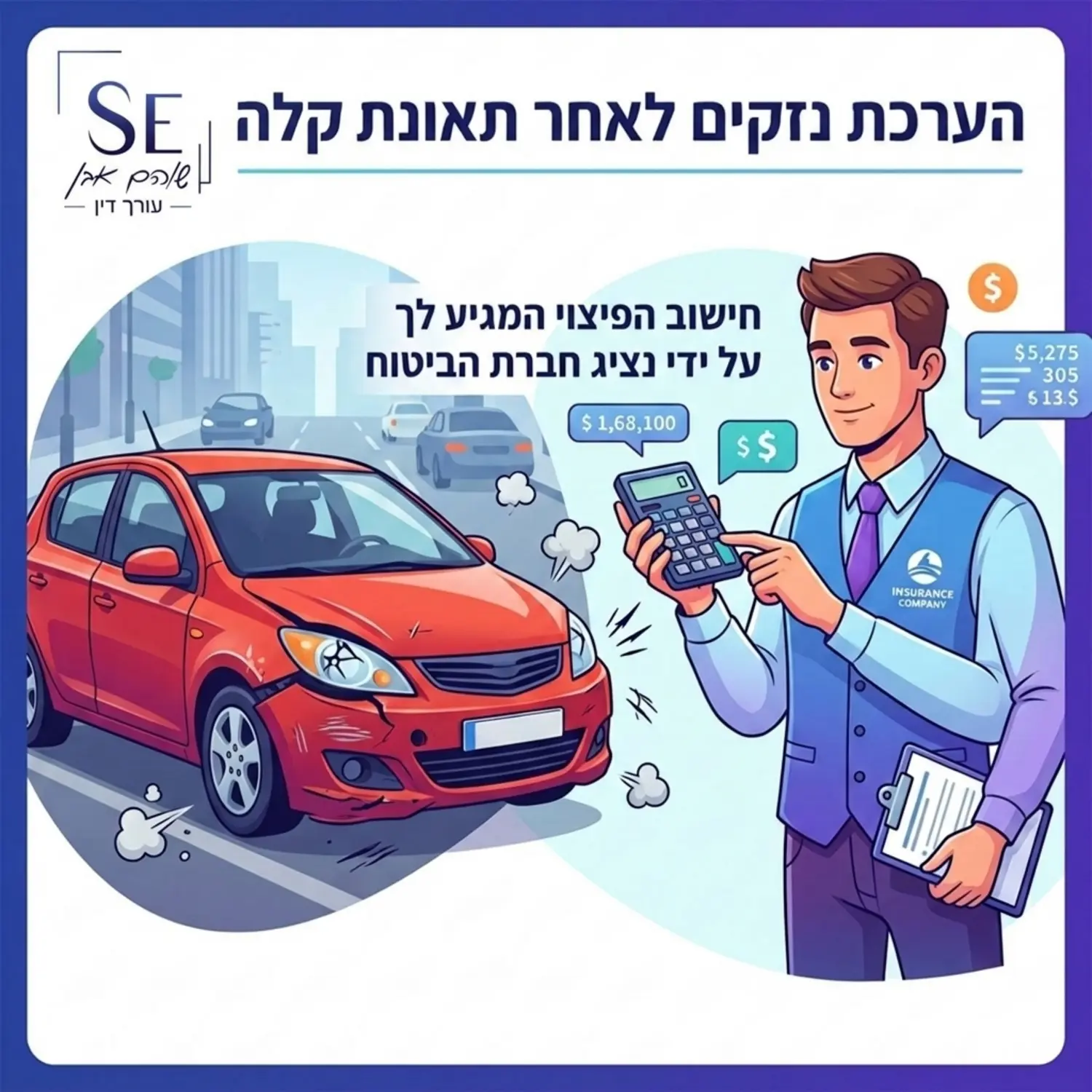 איור של רכב לאחר תאונת דרכים קלה עם פגוש קדמי פגוע, כאשר נציג חברת ביטוח מחזיק מחשבון ומחשב את הפיצוי